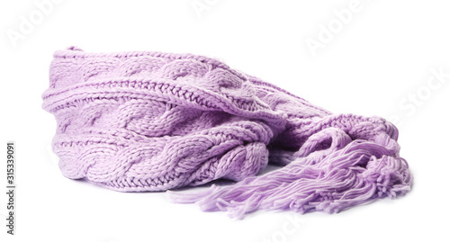 Violet knitted scarf isolated on white. Warm accessory