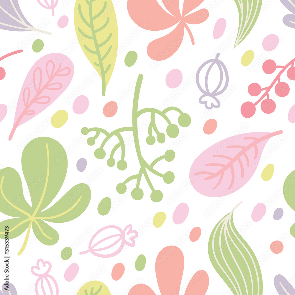 Modern pattern with exotic leaves and flowers isolated on white