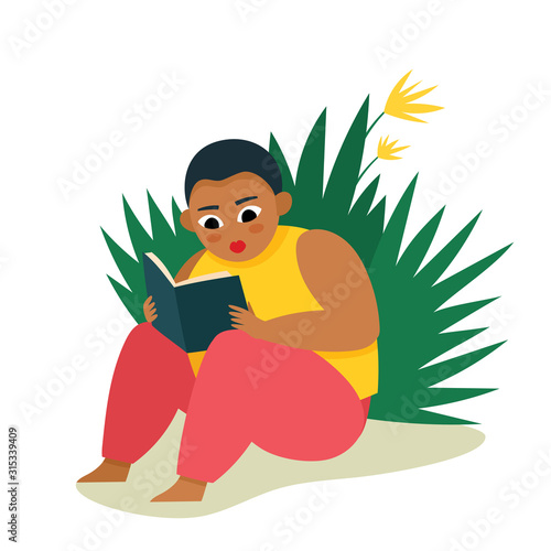 Vector illustration with plump woman reading book isolated on white