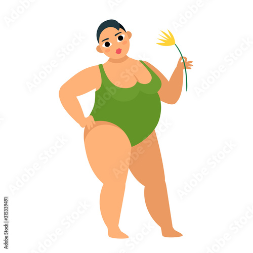 Vector illustration of bodypositive woman in swimsuit isolated on white.