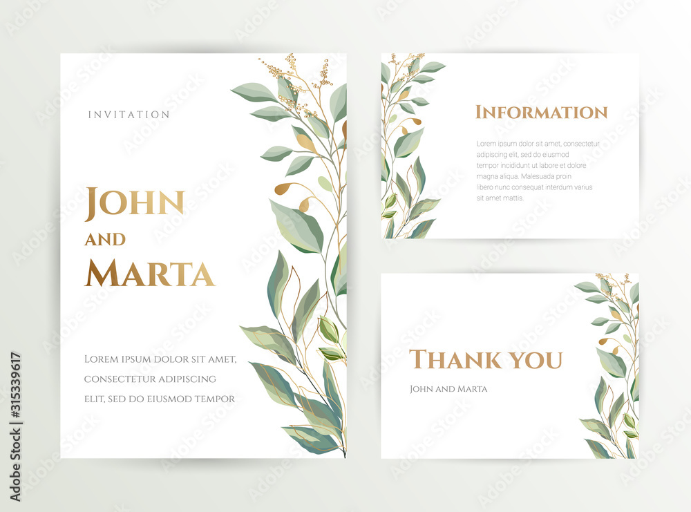 Wedding invite. Set of card with leaves and geometrical frame. Design with forest green leaves, eucalyptus, fern & golden geometric frame. Floral Trendy templates for banner, flyer, poster, greeting. 
