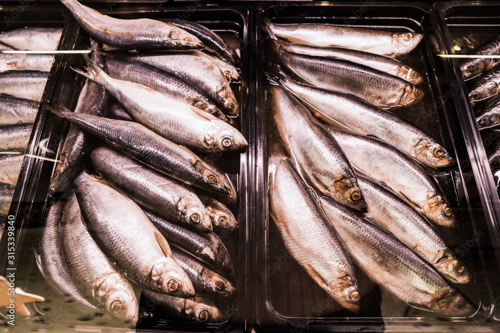 Obraz premium Different types of fresh fish in supermarket, closeup
