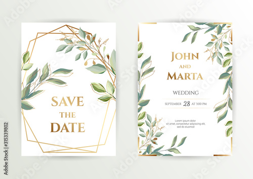 Wedding invite. Set of card with leaves and geometrical frame. Design with forest green leaves, eucalyptus, fern & golden geometric frame. Floral Trendy templates for banner, flyer, poster, greeting. 