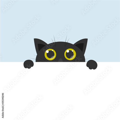 curious cute black cat with big yellow eyes, cartoon flat vector illustration with blank banner for text poster