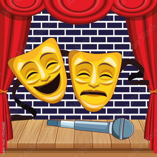 theatrical masks microphone in wooden floor stage stand up comedy show