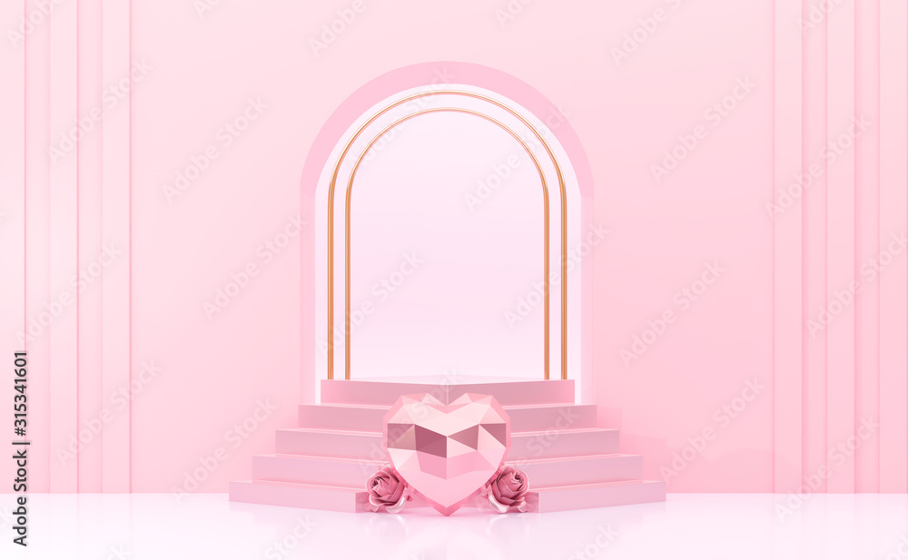 3d rendering Pink gate and studio Background with podiums Steps and polygon heart roses for product 3d. 3d rendering Pink gate and studio Background with podiums Steps and polygon heart roses for product 3d.