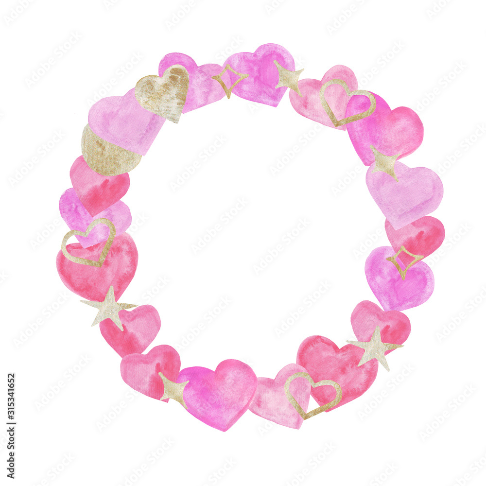watercolor pink hearts and golden stars round frame.