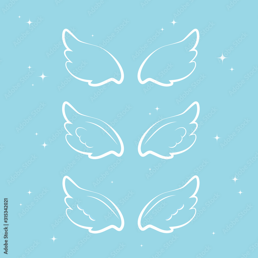Flying angel wings with gold nimbus. Wings and nimbus. Angel winged glory halo cute cartoon drawings illustration vector set Flying angel wings with gold nimbus. Wings and nimbus. Angel winged glory halo cute cartoon drawings illustration vector set