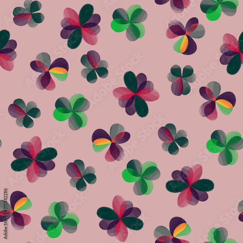 Abstract dark flowers on pastel pink background. Primitive retro floral texture. Green  pink   violet  black  brown and purple pieces seamless pattern. Colorful simple flowers background.