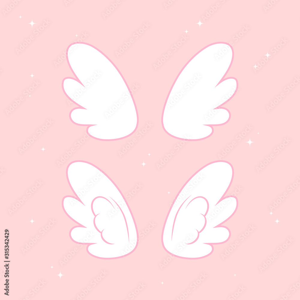 Flying angel wings with gold nimbus. Wings and nimbus. Angel winged glory halo cute cartoon drawings illustration vector set Flying angel wings with gold nimbus. Wings and nimbus. Angel winged glory halo cute cartoon drawings illustration vector set