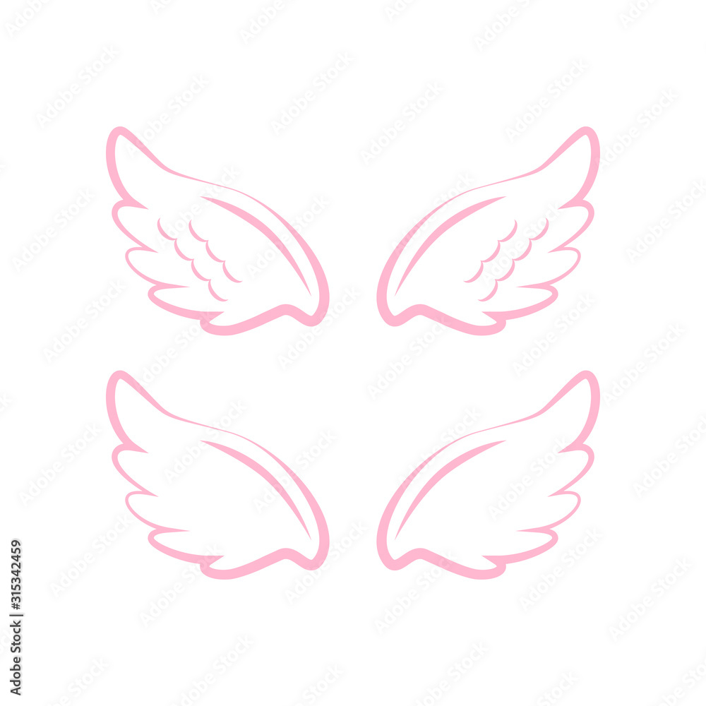 Flying angel wings with gold nimbus. Wings and nimbus. Angel winged glory halo cute cartoon drawings illustration vector set Flying angel wings with gold nimbus. Wings and nimbus. Angel winged glory halo cute cartoon drawings illustration vector set