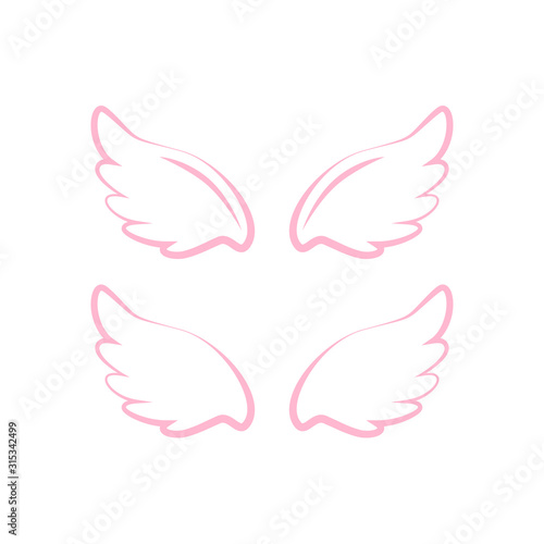Flying angel wings with gold nimbus. Wings and nimbus. Angel winged glory halo cute cartoon drawings illustration vector set
