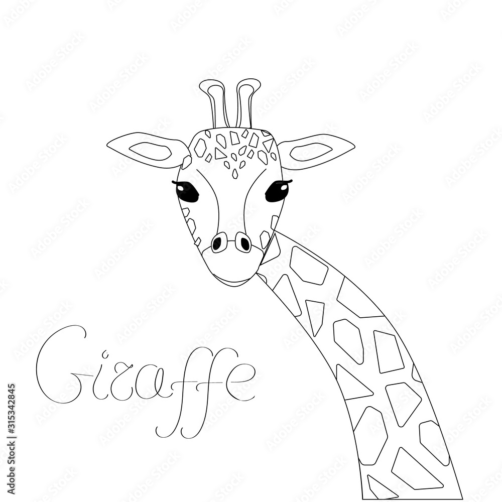 Cute giraffe illustration in black and white for coloring book. Vector ...