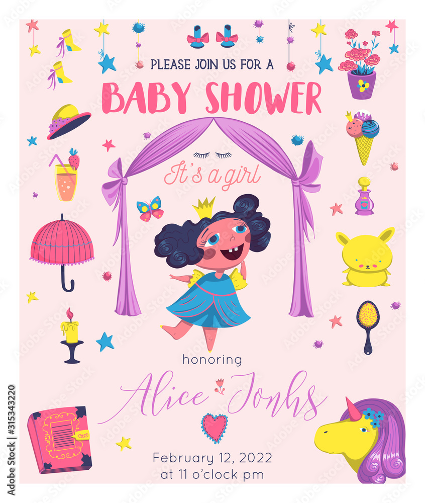 Baby Shower girl card design with princess elements set. Girlish ...