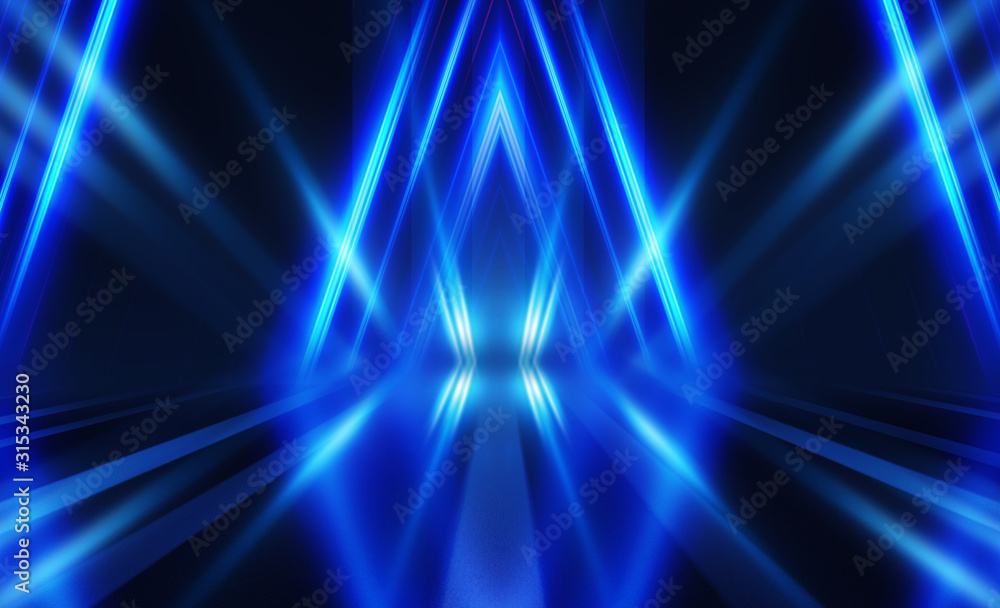 Empty dark abstract background. Background of empty show scene. Glow of neon lights on an empty concert venue. Reflection of light on the pavement. Empty dark abstract background. Background of empty show scene. Glow of neon lights on an empty concert venue. Reflection of light on the pavement.