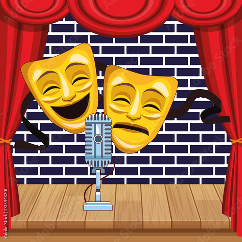 theatrical masks microphone wall brick stand up comedy show