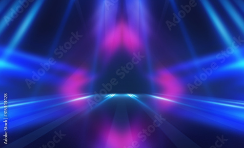 Empty dark abstract background. Background of empty show scene. Glow of neon lights on an empty concert venue. Reflection of light on the pavement.