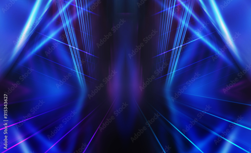 Empty dark abstract background. Background of empty show scene. Glow of neon lights on an empty concert venue. Reflection of light on the pavement. Empty dark abstract background. Background of empty show scene. Glow of neon lights on an empty concert venue. Reflection of light on the pavement.