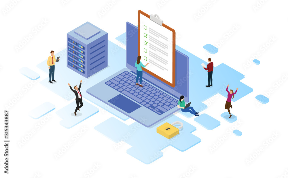 online exam or test concept with server and laptop quiz questionnaire with isometric design style online exam or test concept with server and laptop quiz questionnaire with isometric design style