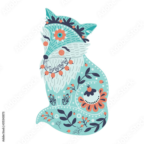 Turquoise fox and flowers in a folk style. Vector illustration