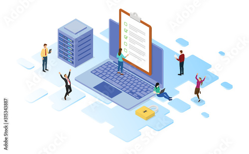 online exam or test concept with server and laptop quiz questionnaire with isometric design style