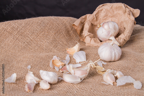 Garlic cloves and bulbs on vintage burlap cloth. Natural organic garlic on hessian fabric. Healthy food ingredient.