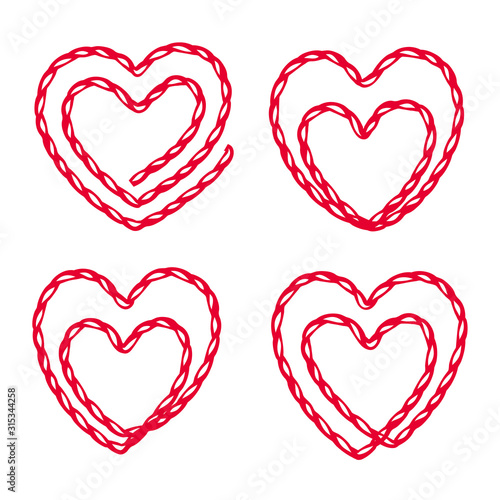 Set red heart embroidery stitches imitation isolated on white background. Vector illustration. Fashion decoration template. Love symbol for card, invitation, posters, texture backgrounds, placards