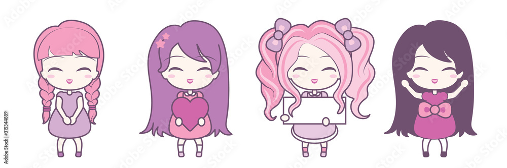 Set collections of cute girls holding hearts and frames. Set collections of cute girls holding hearts and frames.