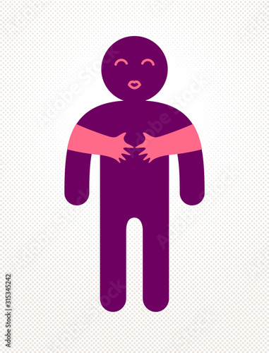 Loved man with care hands of a lover woman hugging and caresses his chest, vector icon logo or illustration in simplistic symbolic style.