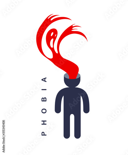 Psychical problems such as phobia psychosis schizophrenia hallucinations vector concept illustration in flat trendy style, psychiatry and psychology allegory, man with monster from his head.