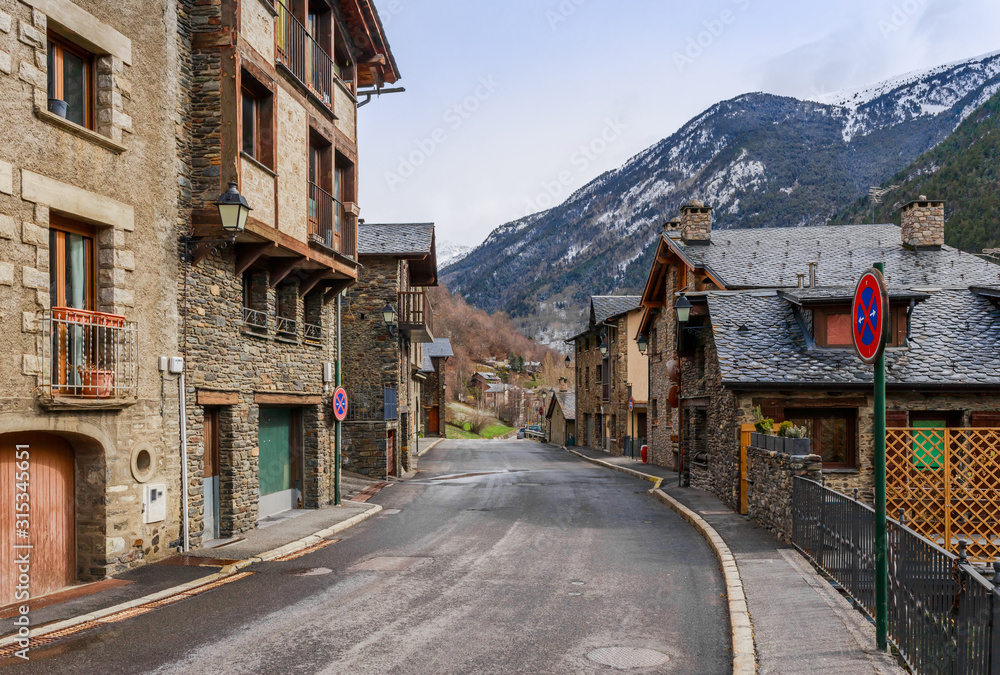 Panoramic landscape mountain view in Andorra, valley of Pyrenees mountains, South Europe. Andorra is a famous tourist travel destination. Luxury amazing resort with clear forests and mountains