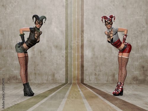 The girls in the jester's costume. 3d illustration (1)