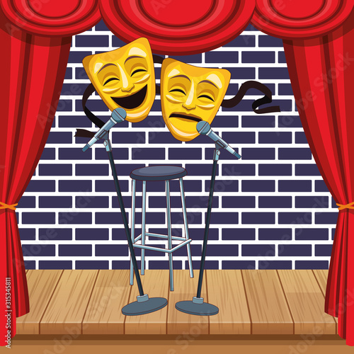 theatrical masks microphones stool stand up comedy show