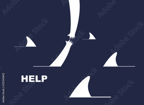 Help and empathy concept two hands helping one another to get out from sea full of sharks vector simple minimal illustration, care give aid, friendship understanding, support.