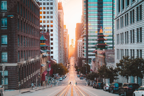 Downtown San Francisco with California Street at sunrise, San Francisco, California, USA