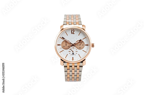 Фотография Men's gold colored wristwatch with stopwatch, classic round shape, numberless, metal strap, white clock face dial and chronometer - timer functions isolated on white background