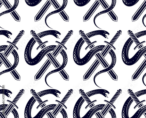 Snakes seamless background, vector dangerous venom serpents pattern, vintage style drawing tiling endless wallpaper.