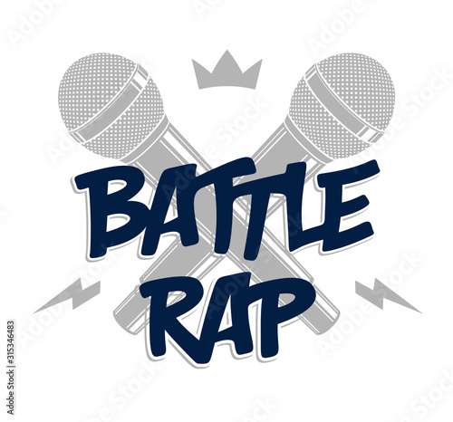 Rap Battle vector logo or emblem with two microphones crossed, Hip Hop hot rhymes music mic, concert festival or night club label, t-shirt print.