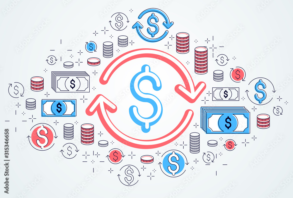 Dollar sign and loop arrow, currency exchange, return on investment, insurance concept, refund, stock market, refinance, vector design. Dollar sign and loop arrow, currency exchange, return on investment, insurance concept, refund, stock market, refinance, vector design.