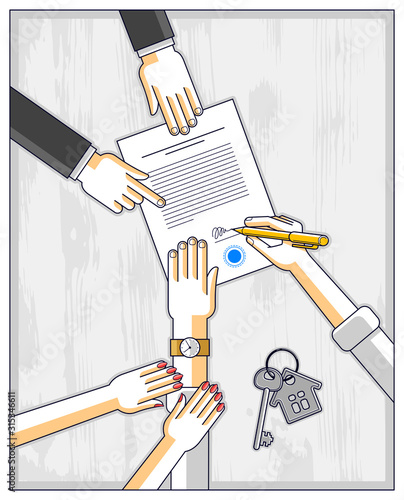 Husband signs bank mortgage hypothec for real property house buying and his wife helps him to dare to make a decision and employee explains terms of loan, top view people hands and paper. Vector.