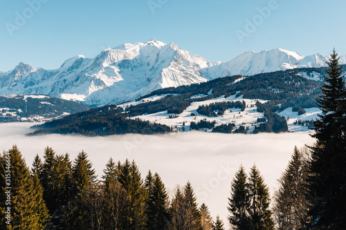 Fototapeta Naklejka Na Ścianę i Meble -  the valley at Sallanches covered with fog on a sunny bright day in the French Mont Blanc massive