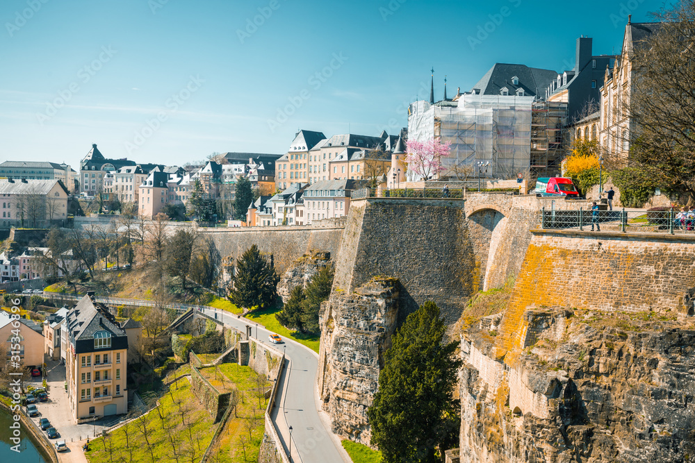 Old town of Luxembourg City with Alzette river in summer, Luxembourg - obrazy, fototapety, plakaty 