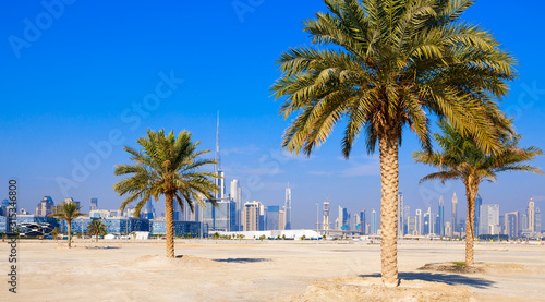 Skyline view of Dubai with palms and skyscrapers from the desert. Sunny summer day in Dubai desert. Dubai is the most famous tourist destination in UAE. Ideal place for luxury travel and rest