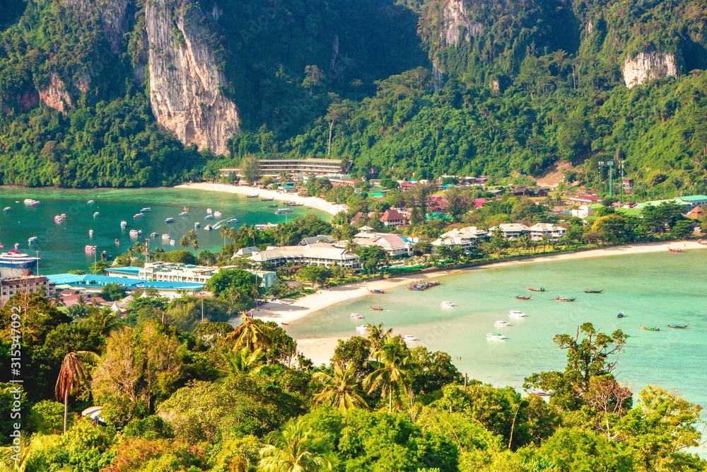 Phi Phi Island amazing View Point, view on Tonsai Village. Koh Phi Phi Don, Viewpoint. Thailand.