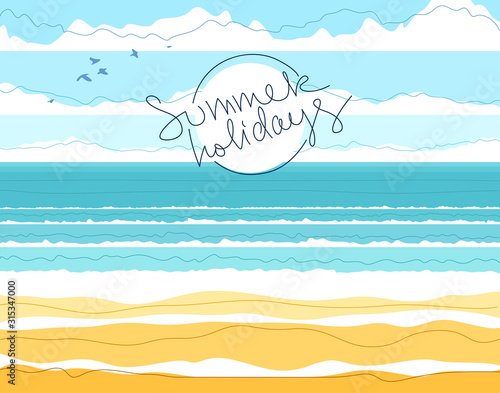 Tranquil seashore beach ocean or sea, summer holidays and vacations theme vector illustration, can be used as a background for card or banner to add text.