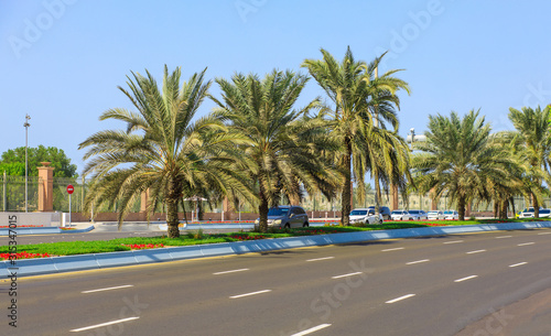 Abu Dhabi street view with road and palm trees. Sunny summer day in Abu Dhabi. Famous tourist destination in UAE. Ideal place for luxury travel, shopping and rest