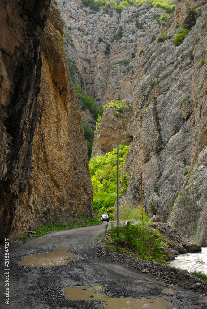 Mountainous gorge and river before Zodk (Sotk) Pass. Mountainous Karabakh.