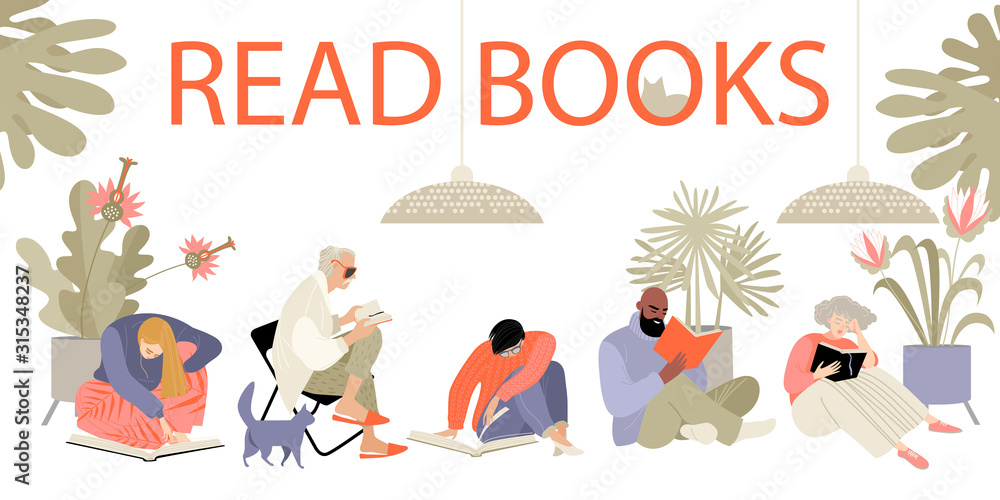 Set of vector illustrations of people reading books. Men and women of different ages in a bright room Set of vector illustrations of people reading books. Men and women of different ages in a bright room