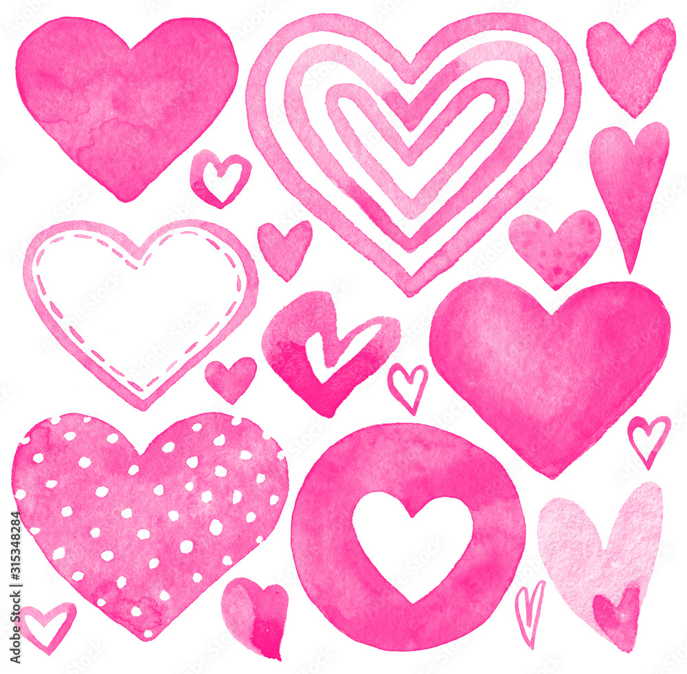 pink hearts watercolor painting, Valentine concept. Beautiful Hearts of different shapes.