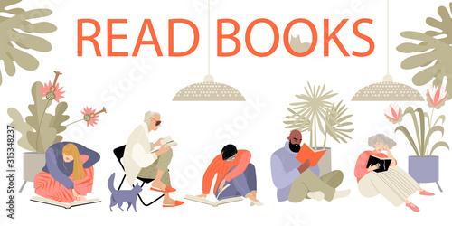 Set of vector illustrations of people reading books. Men and women of different ages in a bright room